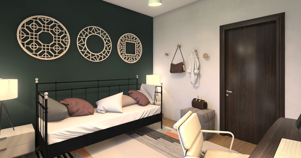 Idées déco pour une petite chambre d'amis classique avec un mur vert et parquet clair.