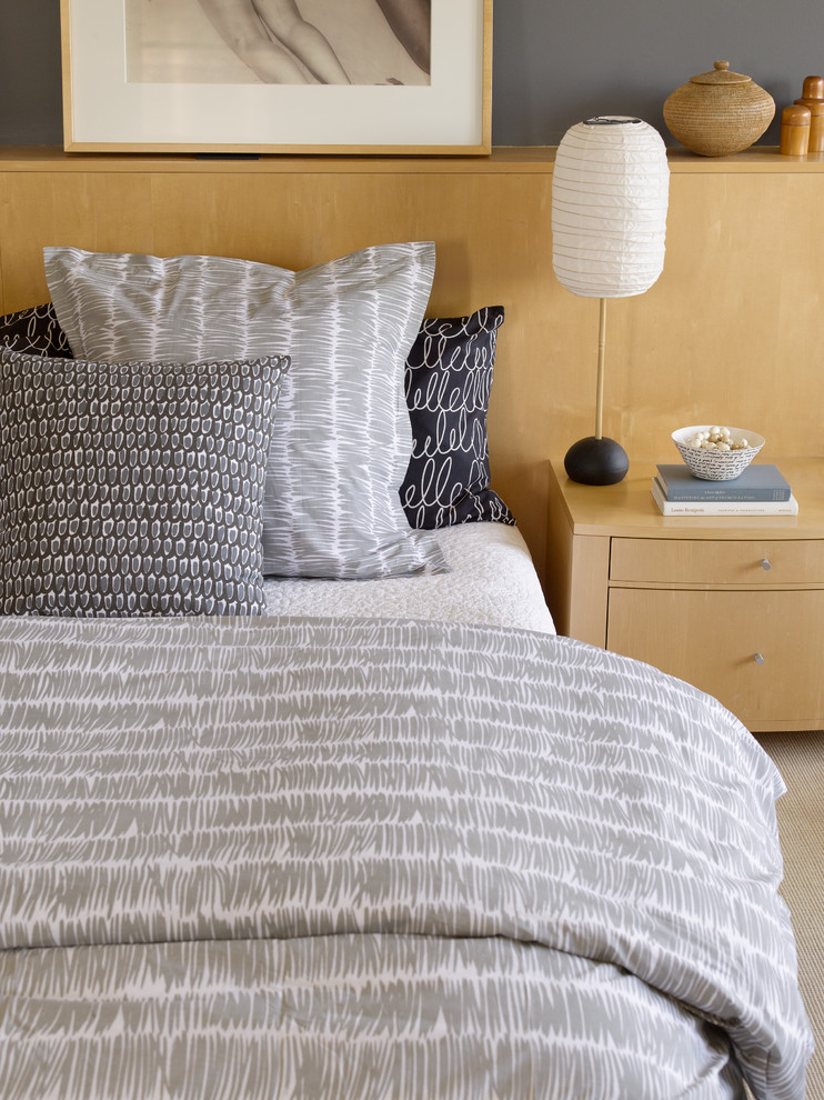 Свежая идея для дизайна: хозяйская спальня среднего размера в стиле модернизм с серыми стенами - отличное фото интерьера