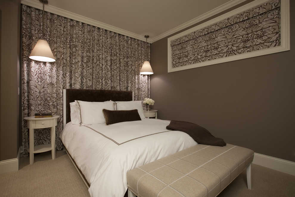 Example of a classic bedroom design in Chicago with brown walls