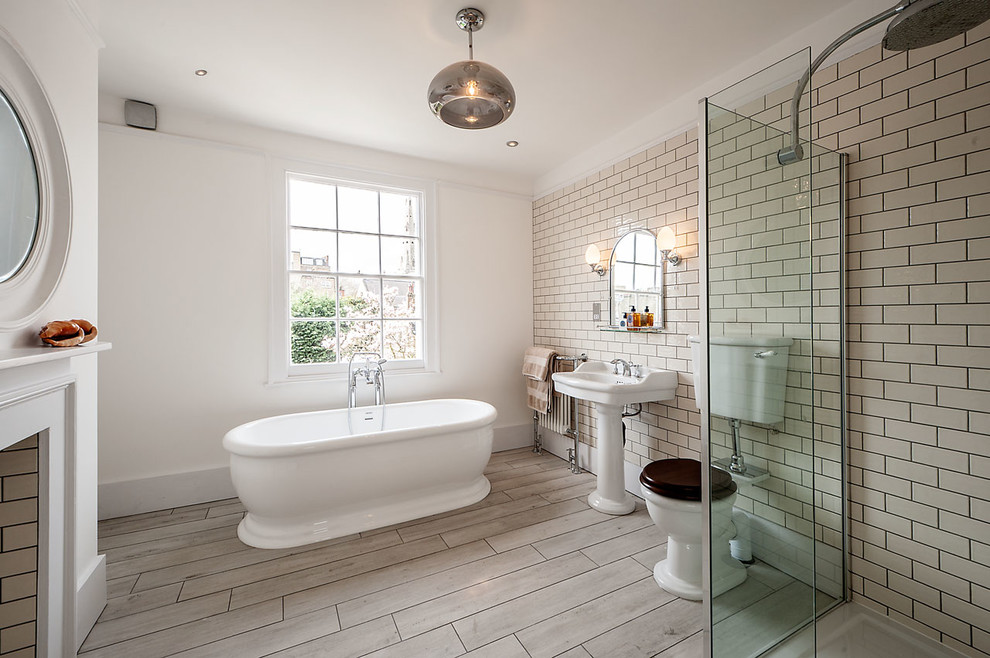 Large elegant gray floor bathroom photo in Berkshire with beige walls
