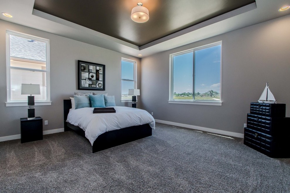 Photo of a medium sized traditional master bedroom in Denver with grey walls and carpet.