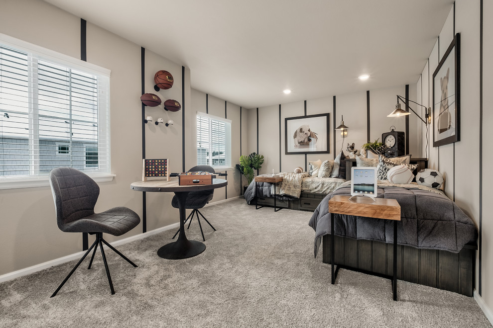 Diseño de habitación de invitados minimalista grande sin chimenea con paredes beige, moqueta y suelo gris
