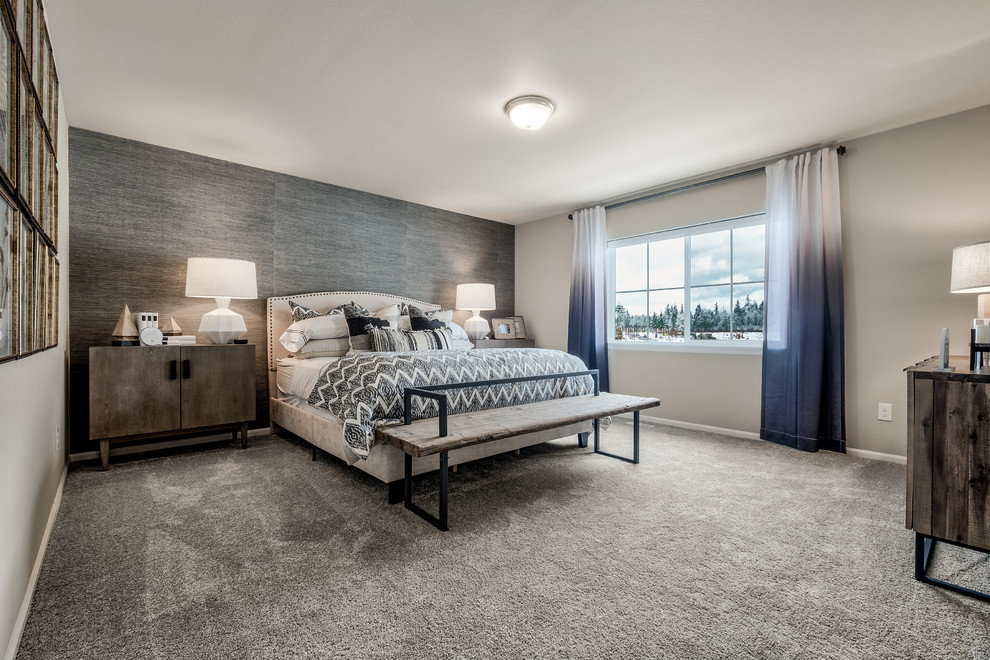 Ejemplo de habitación de invitados de estilo de casa de campo de tamaño medio sin chimenea con moqueta, suelo gris y paredes grises