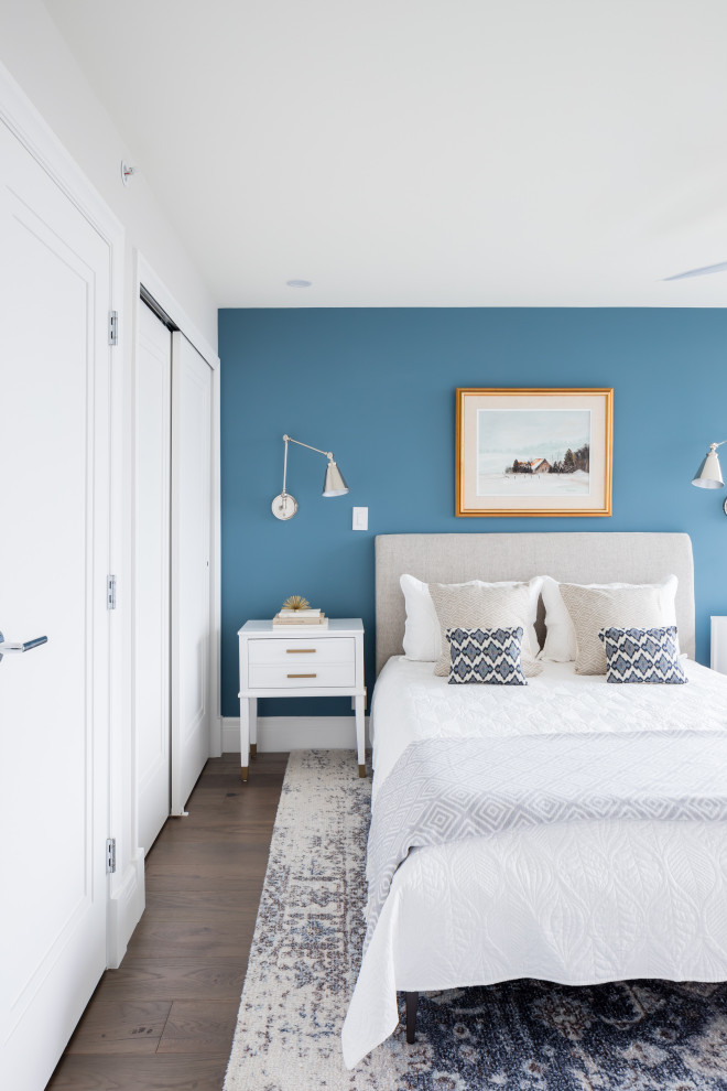 Ejemplo de dormitorio principal contemporáneo de tamaño medio sin chimenea con paredes azules, suelo de madera oscura y suelo marrón