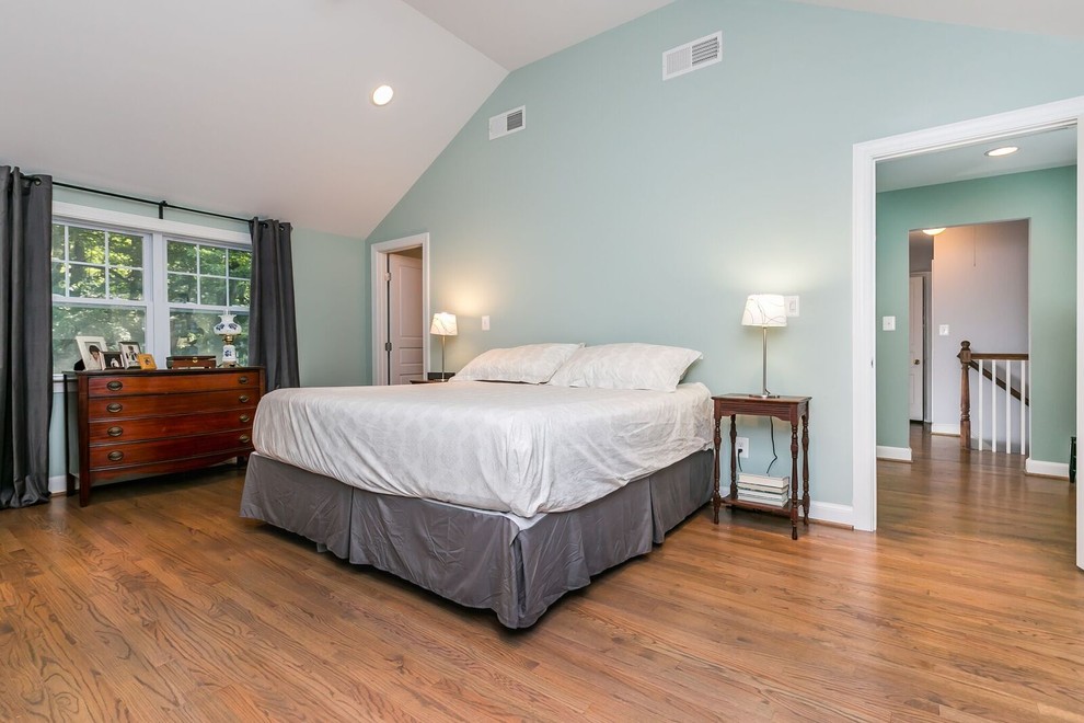 Bedroom - large traditional master dark wood floor bedroom idea in Baltimore with green walls and no fireplace