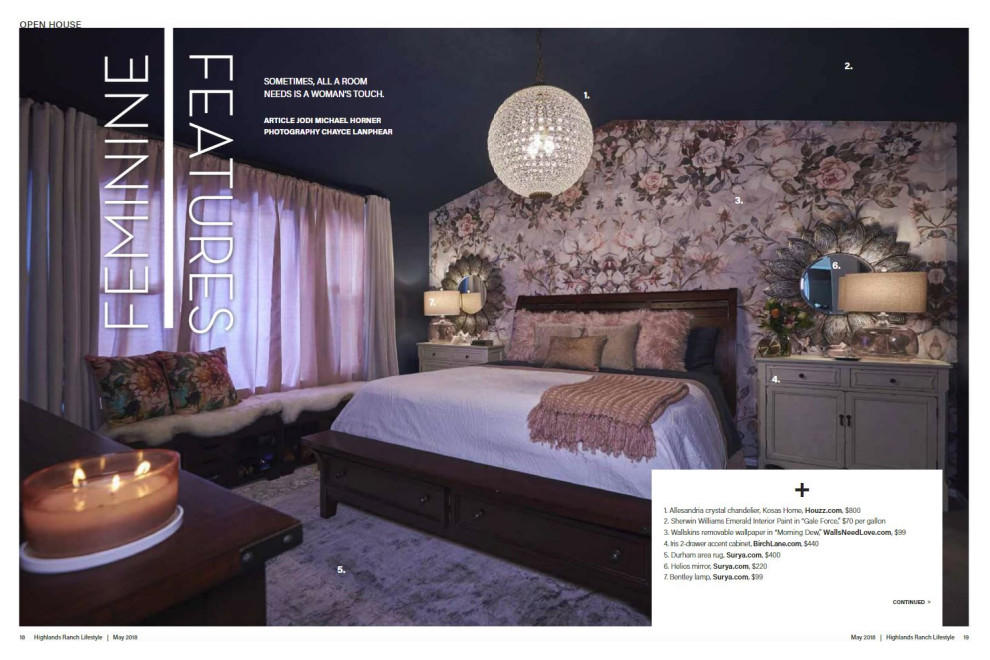 Пример оригинального дизайна: хозяйская спальня среднего размера в стиле неоклассика (современная классика) с разноцветными стенами, ковровым покрытием, разноцветным полом и обоями на стенах без камина