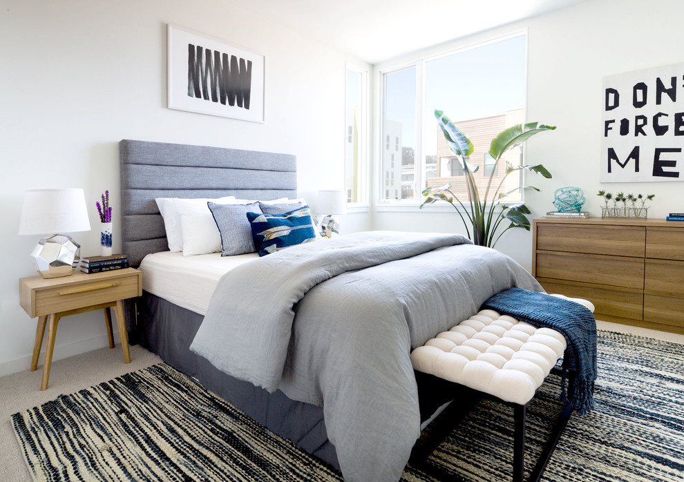 Transitional carpeted bedroom photo in San Francisco with white walls