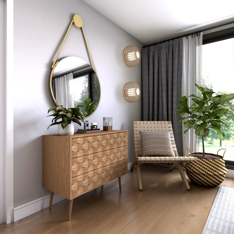 Ispirazione per una camera degli ospiti minimalista di medie dimensioni con pareti grigie, pavimento in legno massello medio e pavimento marrone