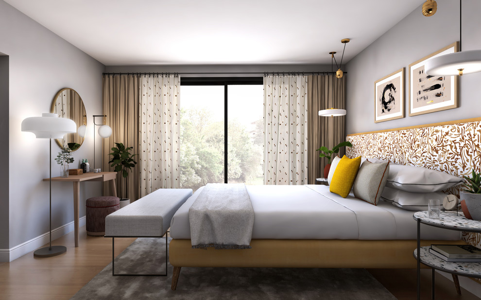 Ejemplo de dormitorio principal minimalista de tamaño medio con paredes grises, suelo de madera en tonos medios y suelo marrón