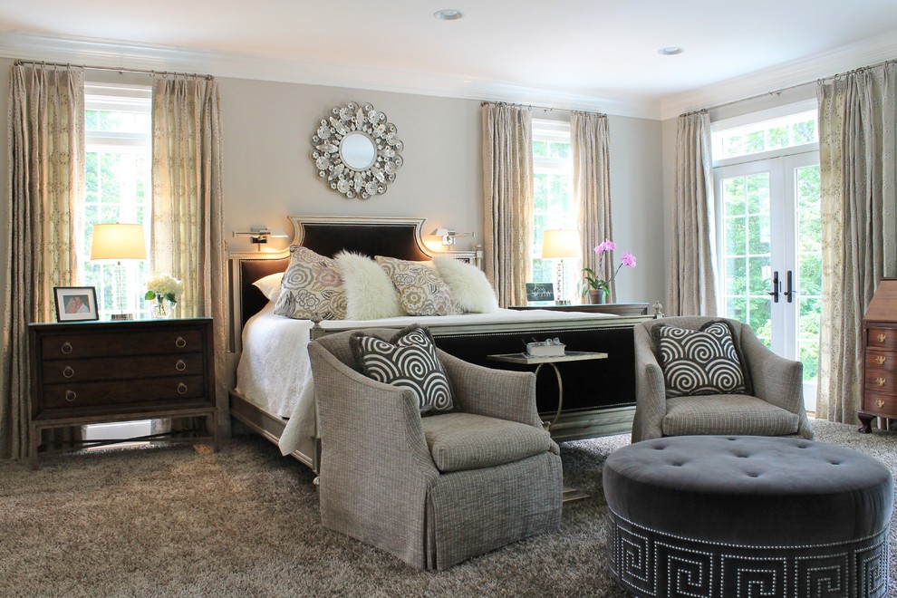 Example of a large classic master carpeted and gray floor bedroom design in DC Metro with gray walls and no fireplace