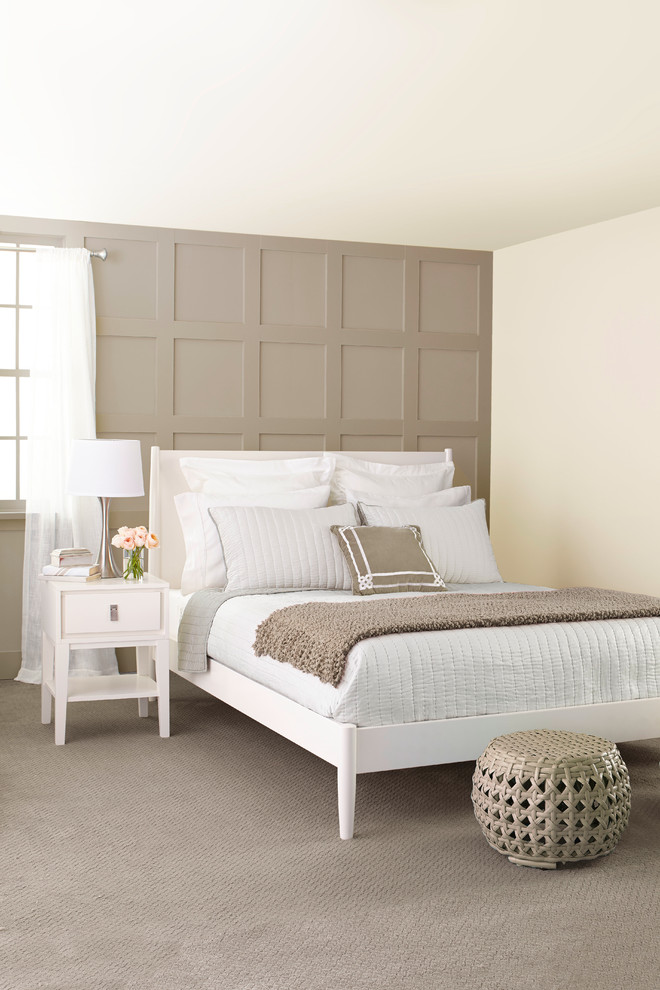 シャーロットにある中くらいなトランジショナルスタイルのおしゃれな主寝室 (茶色い壁、カーペット敷き、照明) のインテリア