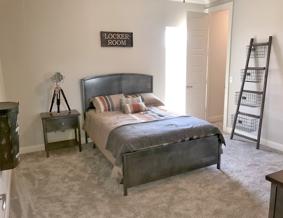 Bedroom - large cottage guest carpeted and gray floor bedroom idea in Dallas with gray walls