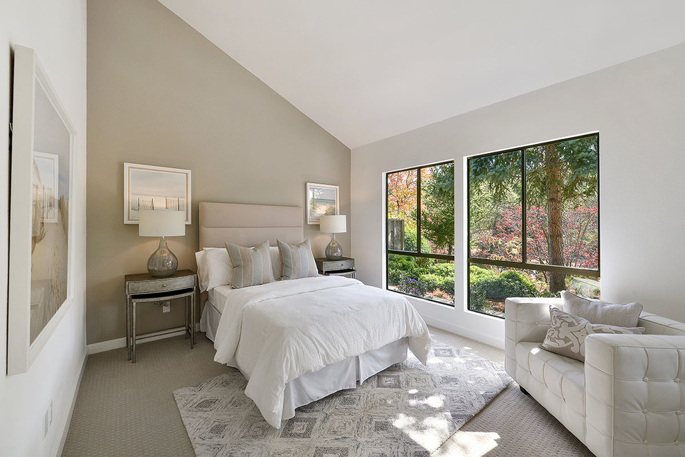 Photo of a medium sized classic guest and grey and cream bedroom in San Francisco with beige walls, carpet, no fireplace and beige floors.