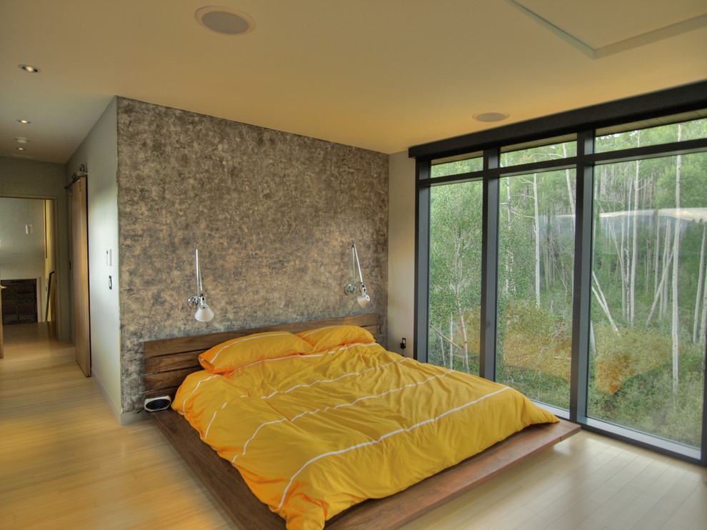 Imagen de dormitorio principal contemporáneo de tamaño medio sin chimenea con paredes multicolor, suelo de madera clara y suelo beige