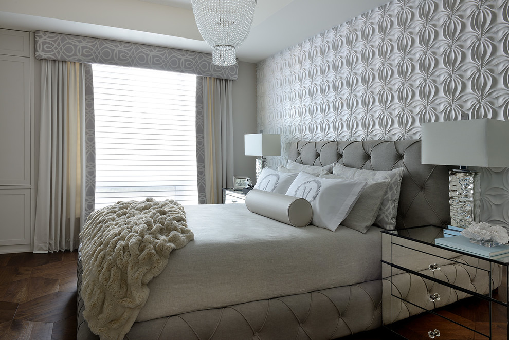 Inspiration for a large modern master bedroom in Toronto with beige walls, dark hardwood flooring and no fireplace.