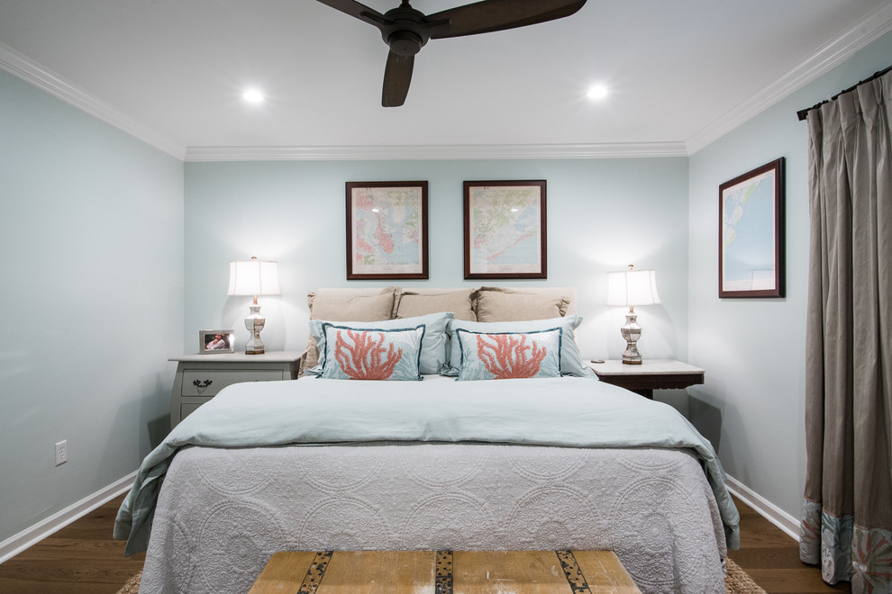 Inspiration for a medium sized classic master bedroom in Charleston with blue walls, medium hardwood flooring and no fireplace.