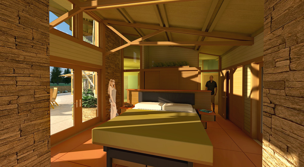 Mittelgroßes Modernes Hauptschlafzimmer ohne Kamin mit bunten Wänden, Betonboden, rotem Boden, freigelegten Dachbalken und Holzwänden in Portland