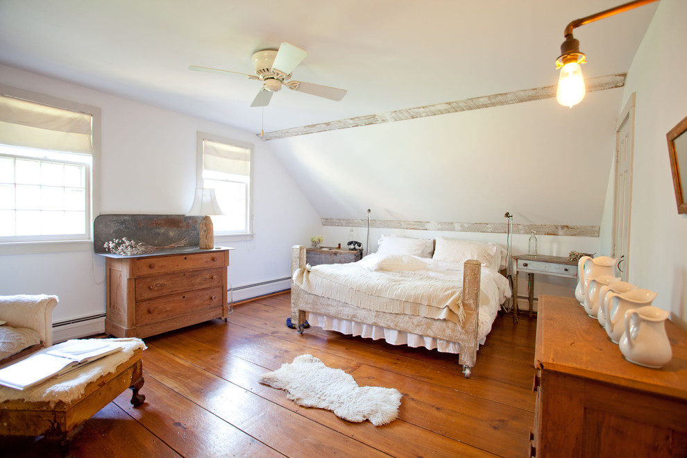 Bedroom - cottage medium tone wood floor bedroom idea in Boston with white walls