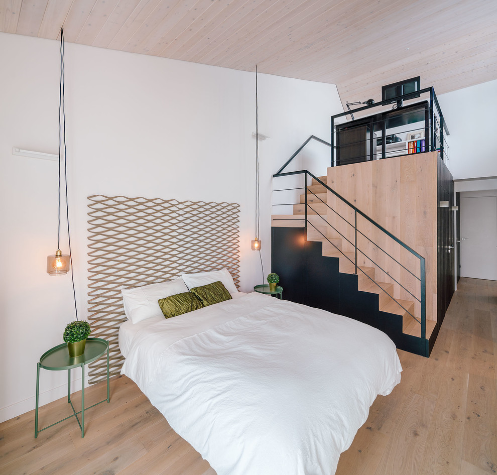 マドリードにある中くらいなコンテンポラリースタイルのおしゃれな主寝室 (白い壁、無垢フローリング、茶色い床) のインテリア