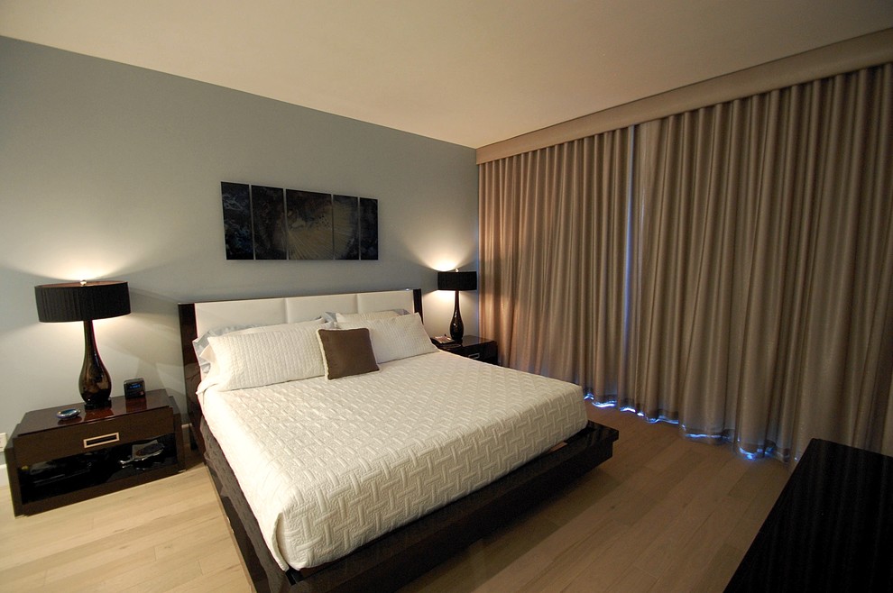 Inspiration for a large modern master bedroom in Los Angeles with blue walls, light hardwood flooring and no fireplace.