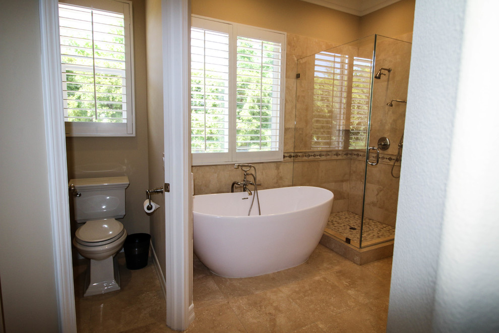 Large elegant ceramic tile and beige floor bathroom photo in Other with brown walls