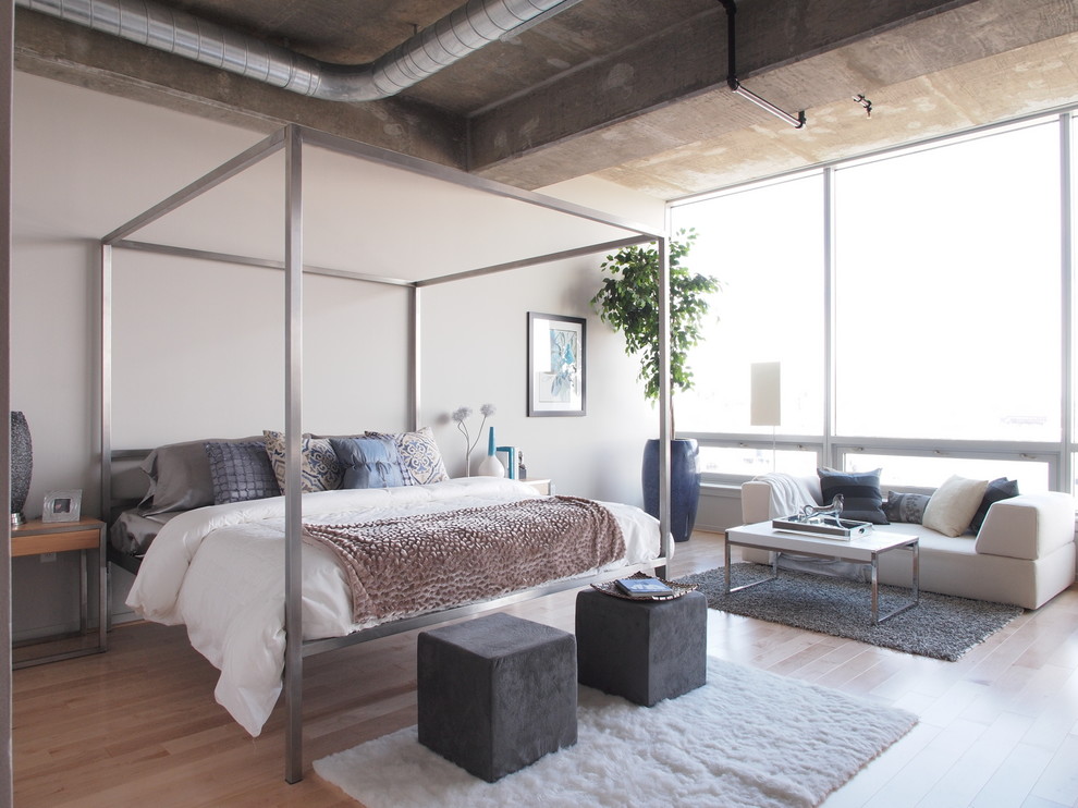 ボルチモアにある広いコンテンポラリースタイルのおしゃれな主寝室 (淡色無垢フローリング、グレーの壁、ベージュの床) のインテリア