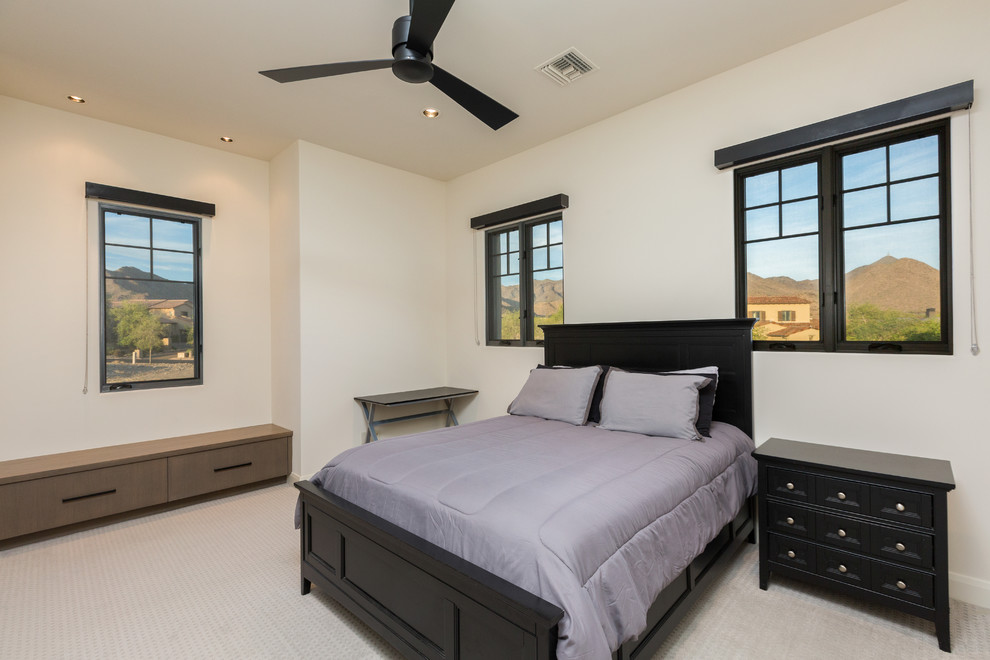 This is an example of a medium sized contemporary guest bedroom in Phoenix with beige walls, carpet, no fireplace and beige floors.