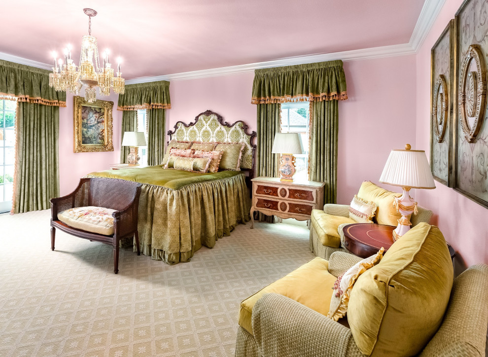 Bedroom - huge traditional master carpeted and beige floor bedroom idea in Dallas with pink walls