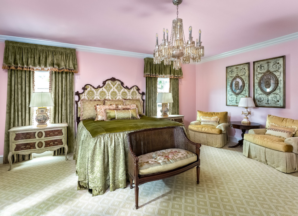 Huge elegant master carpeted and beige floor bedroom photo in Dallas with pink walls