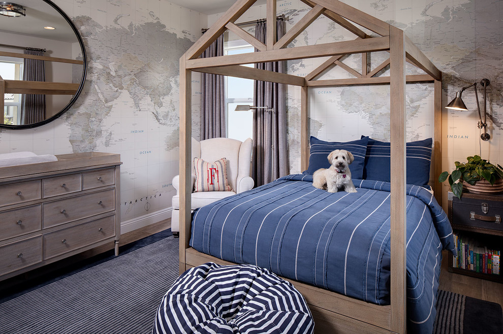 Стильный дизайн: спальня среднего размера в современном стиле с разноцветными стенами и полом из керамической плитки - последний тренд