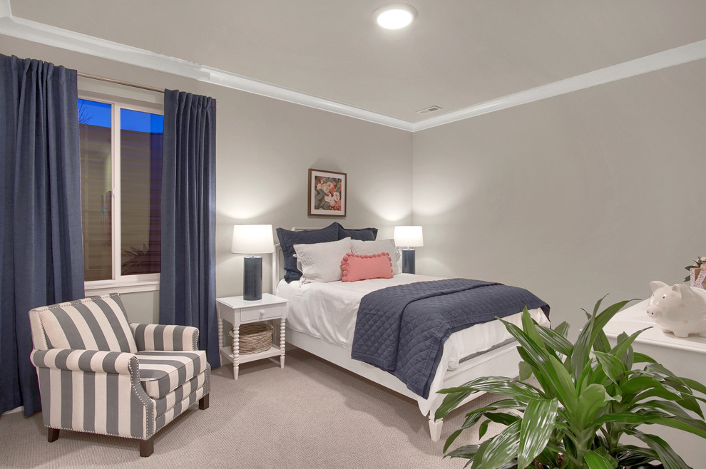 Esempio di una camera degli ospiti country di medie dimensioni con pareti grigie, moquette e pavimento beige