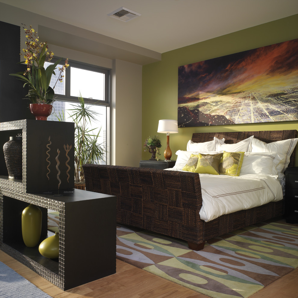 Bedroom - eclectic bedroom idea in Los Angeles with green walls