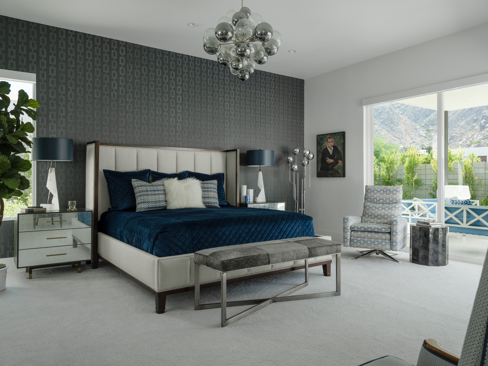 Exemple d'une chambre avec moquette tendance avec un mur gris et un sol gris.