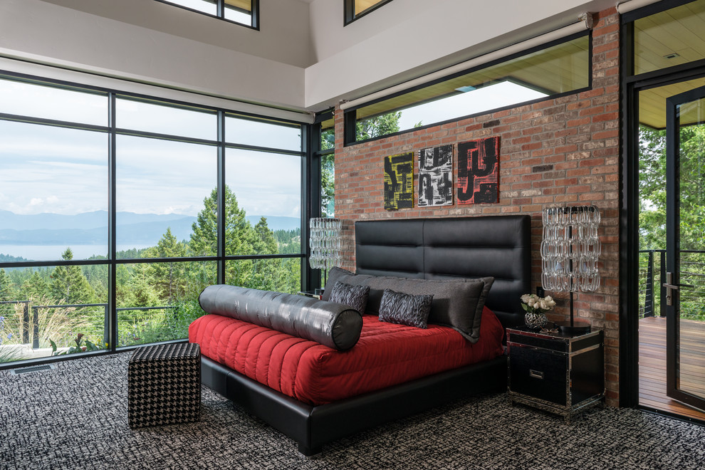 Inspiration for a contemporary master carpeted bedroom remodel in Other with red walls