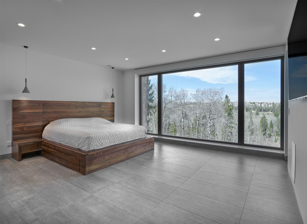 This is an example of a large contemporary master bedroom in Edmonton with grey walls, no fireplace, grey floors and porcelain flooring.