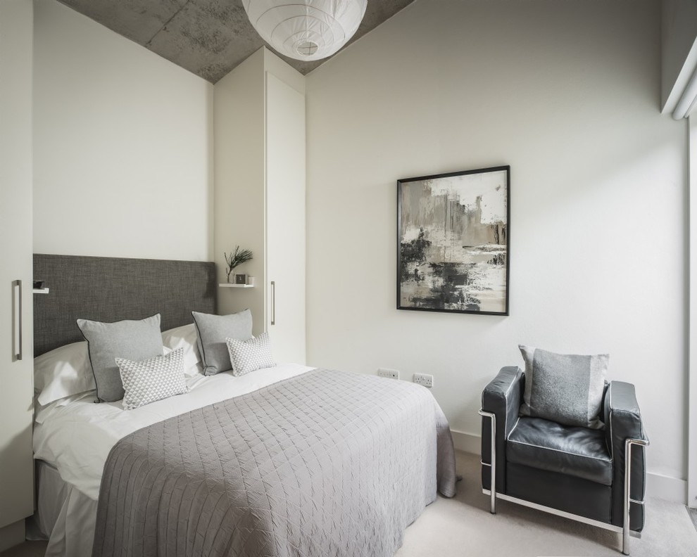 Foto di una piccola camera da letto tradizionale con pareti bianche, moquette e pavimento grigio