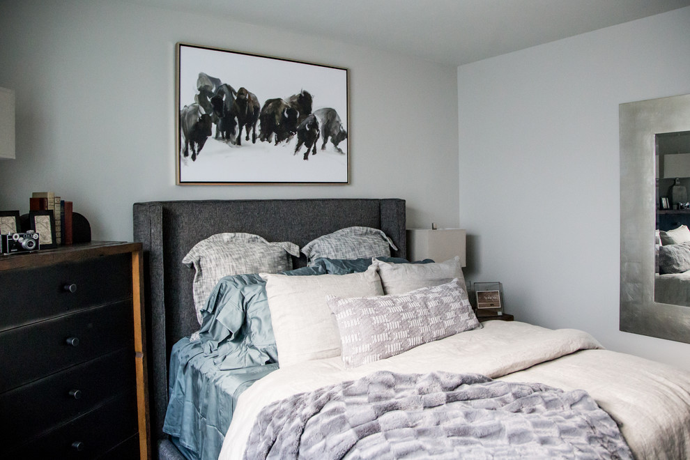 Foto de habitación de invitados contemporánea de tamaño medio con paredes blancas, moqueta y suelo gris