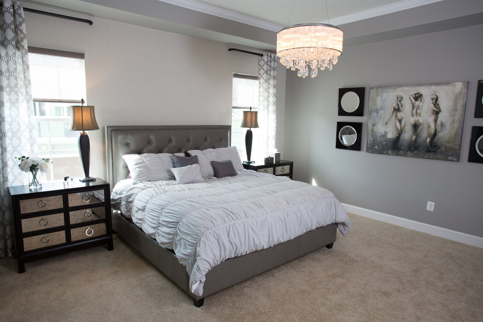 Inspiration for a large contemporary master bedroom in DC Metro with grey walls, carpet and no fireplace.