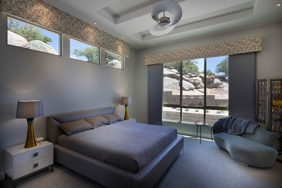 Large contemporary master bedroom in Phoenix with grey walls, carpet, no fireplace and grey floors.
