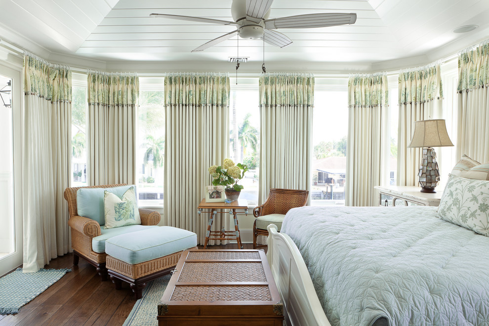 Exemple d'une chambre parentale bord de mer avec un mur blanc et parquet foncé.