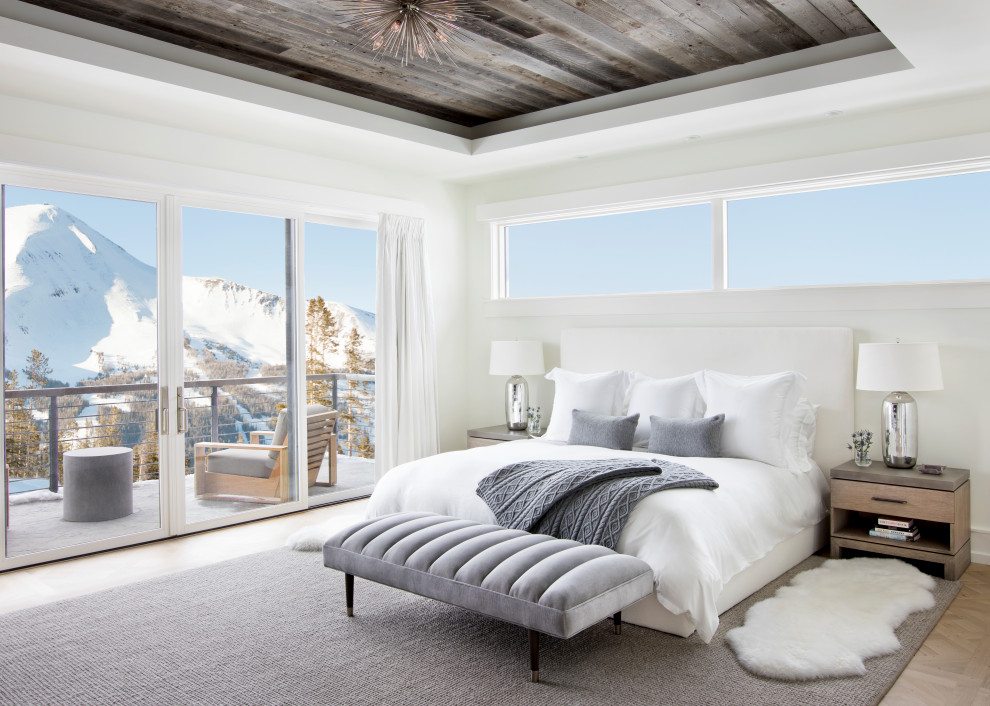 Esempio di una camera da letto rustica con pareti bianche, pavimento in legno massello medio, pavimento marrone e soffitto ribassato