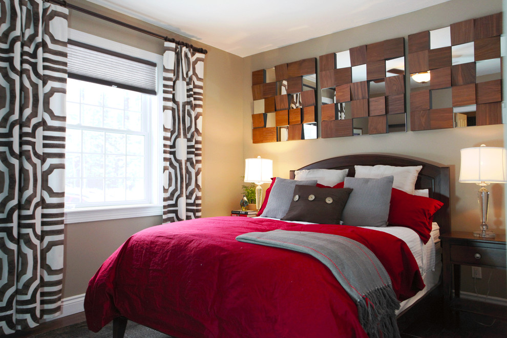 This is an example of a small traditional guest bedroom in Ottawa with brown walls and dark hardwood flooring.