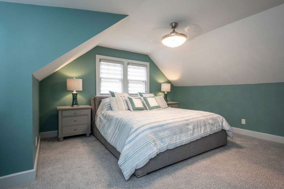 Small eclectic master carpeted and gray floor bedroom photo in Indianapolis with green walls