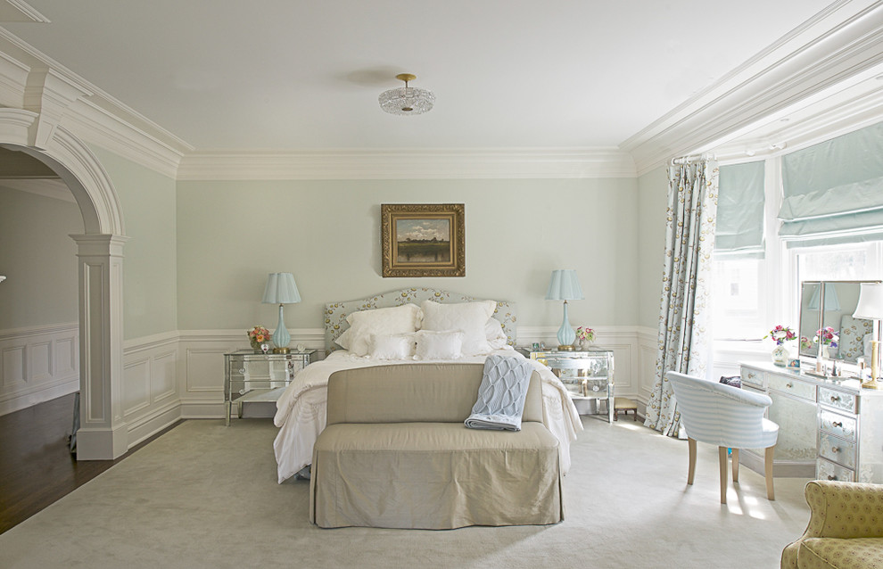 Elegant bedroom photo in New York with gray walls