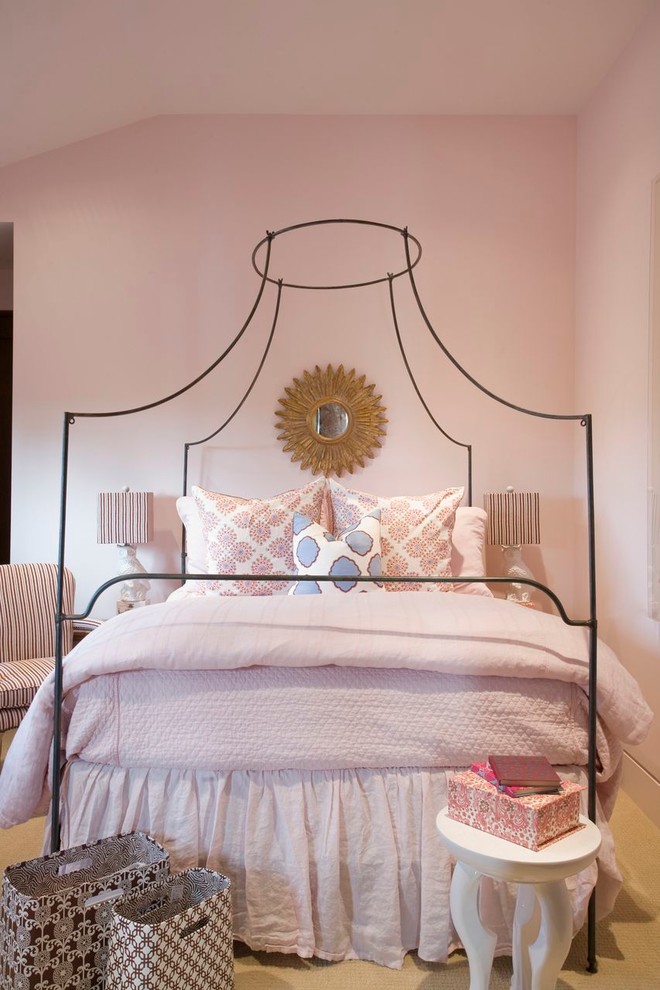 Transitional carpeted bedroom photo in Los Angeles with pink walls