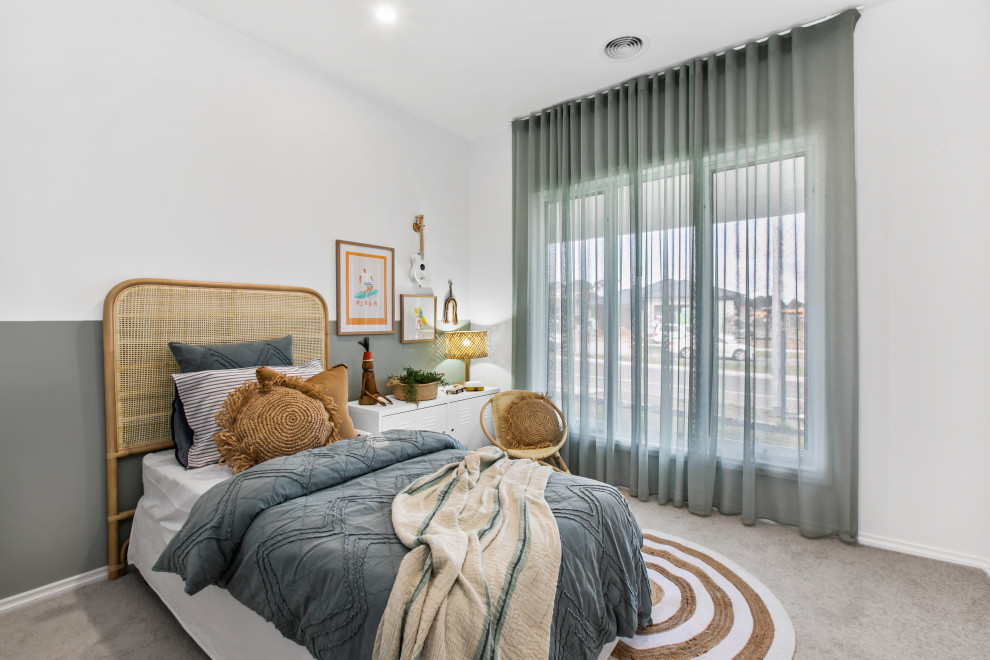 Medium sized contemporary bedroom in Melbourne with white walls, carpet and grey floors.