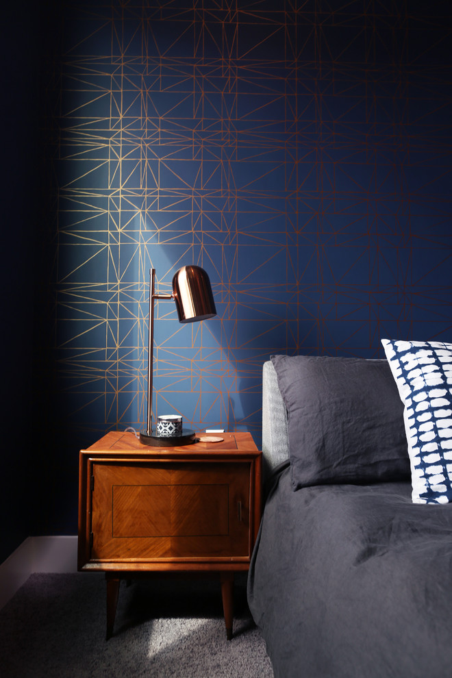 Sneak Peek: Navy and Copper Wall Paper Master Bedroom - Midcentury