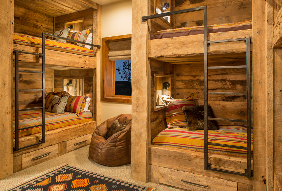 Inspiration for a medium sized rustic guest bedroom in Denver with brown walls, carpet and brown floors.