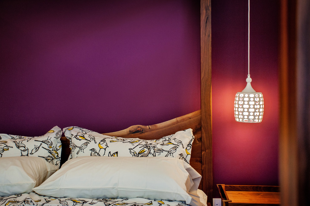 Photo of a medium sized modern master bedroom in Toronto with purple walls and medium hardwood flooring.