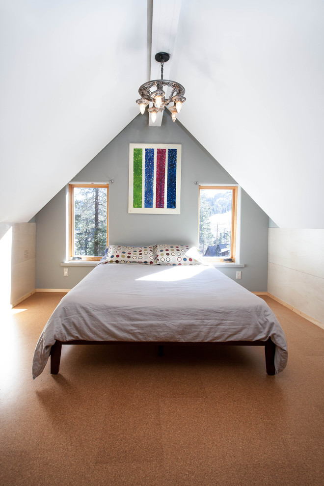Inspiration for a rustic cork floor and brown floor bedroom remodel in San Francisco with gray walls